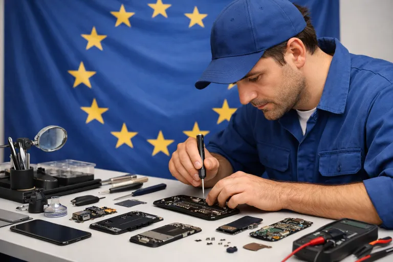 Técnico reparando un smartphone con herramientas y piezas accesibles, con el logo de la UE