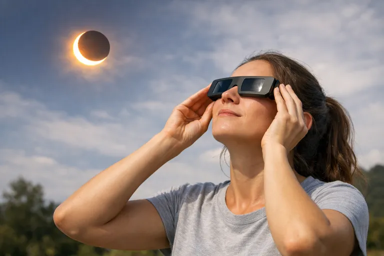 Persona usando gafas certificadas para observar el eclipse solar de 2026