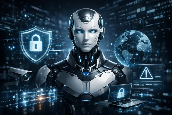 Representación gráfica de un agente autónomo de IA con símbolos de seguridad digital