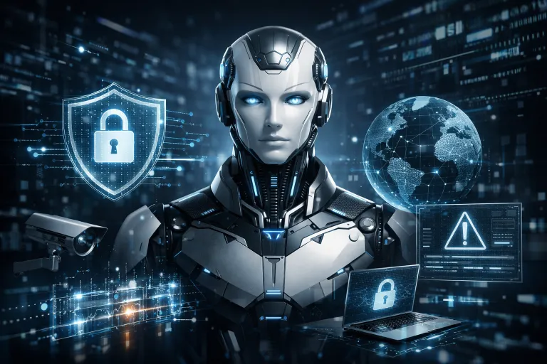 Representación gráfica de un agente autónomo de IA con símbolos de seguridad digital