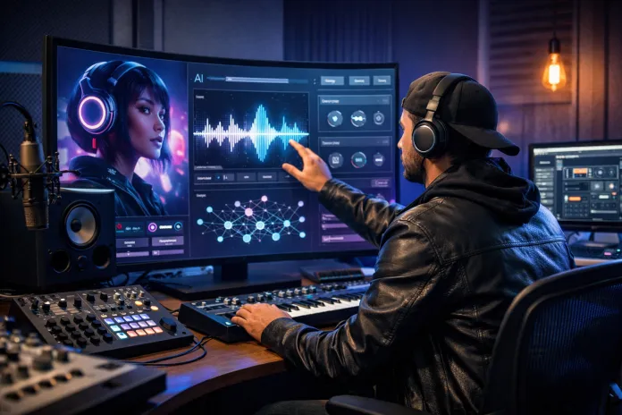 Artista utilizando herramientas de inteligencia artificial en un estudio de grabación moderno