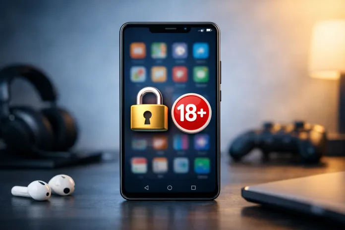 Smartphone Android con icono de verificación de edad y candado