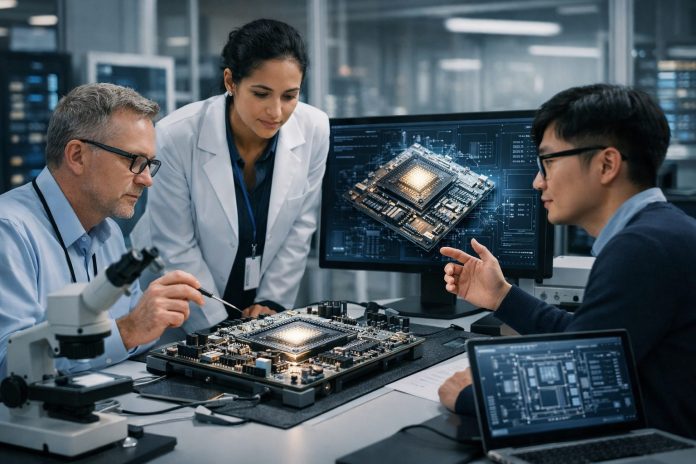 Equipo de ingenieros diseñando chips para inteligencia artificial en laboratorio