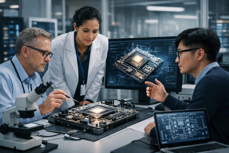 Equipo de ingenieros diseñando chips para inteligencia artificial en laboratorio