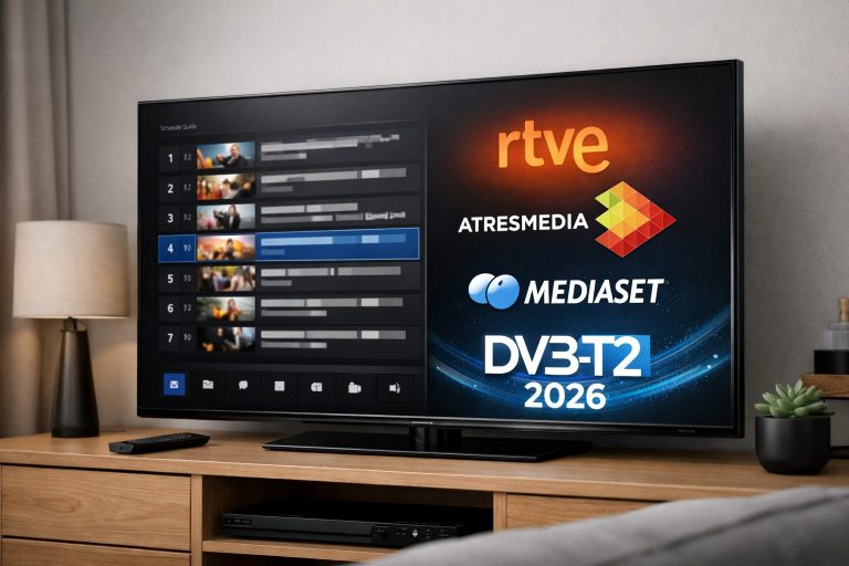 Televisor mostrando canales de la TDT con logos de RTVE, Atresmedia y Mediaset