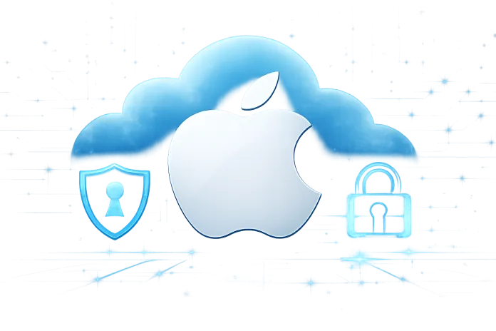 Logo de Apple sobre fondo que simboliza seguridad digital y privacidad en la nube