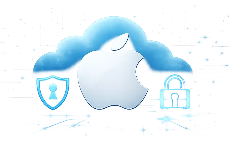 Logo de Apple sobre fondo que simboliza seguridad digital y privacidad en la nube