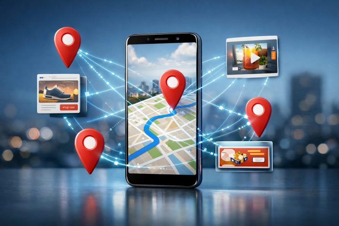 Smartphone Android mostrando iconos de ubicación y anuncios publicitarios