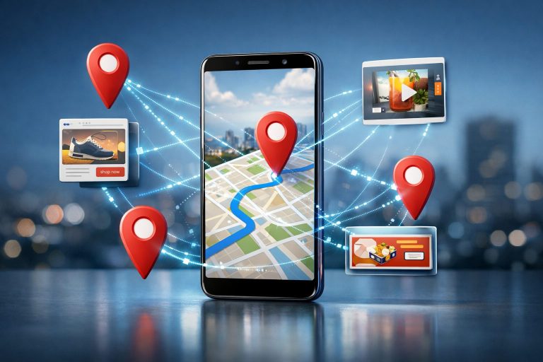 Smartphone Android mostrando iconos de ubicación y anuncios publicitarios