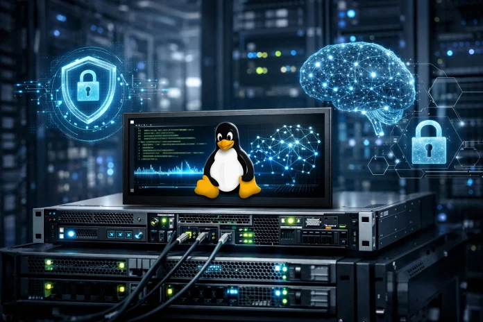 Servidor con sistema Linux en centro de datos representando ataques y defensa con inteligencia artificial