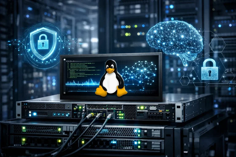 Servidor con sistema Linux en centro de datos representando ataques y defensa con inteligencia artificial