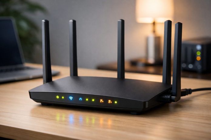 Router WiFi moderno encendido con luces indicadoras