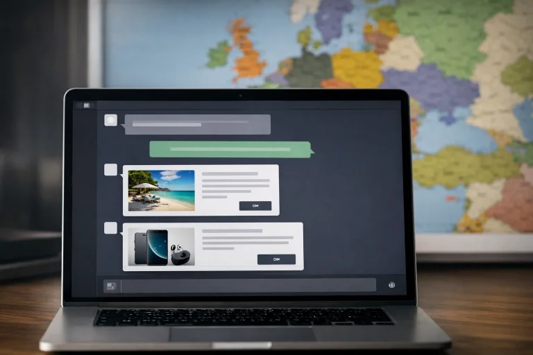 Interfaz de ChatGPT con anuncios integrados y mapa de Europa destacando países donde se expande ChatGPT Ads