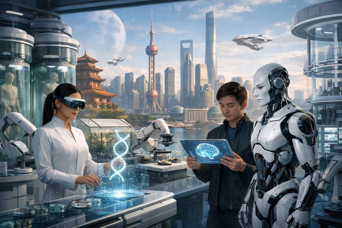 Representación de la integración de biotecnología, robótica e inteligencia artificial en China