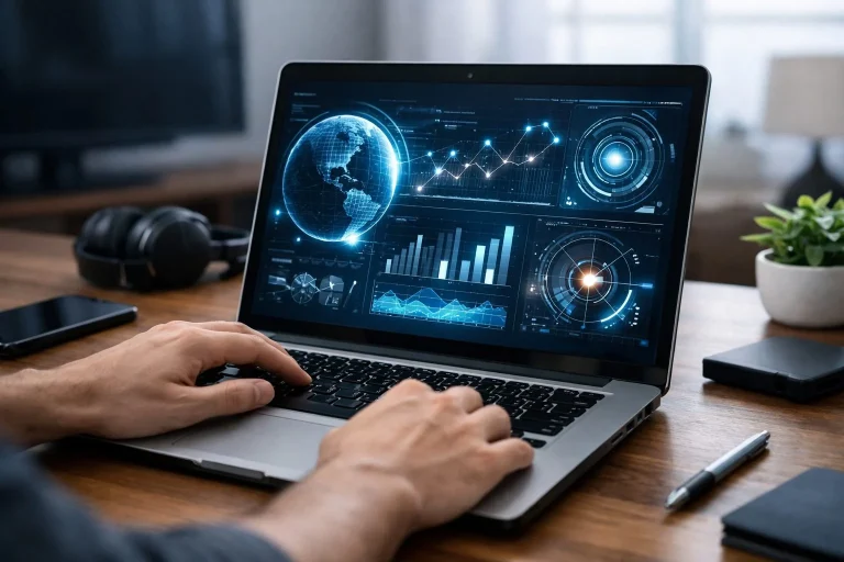 Portátil reacondicionado encendido mostrando gráficos tecnológicos en pantalla