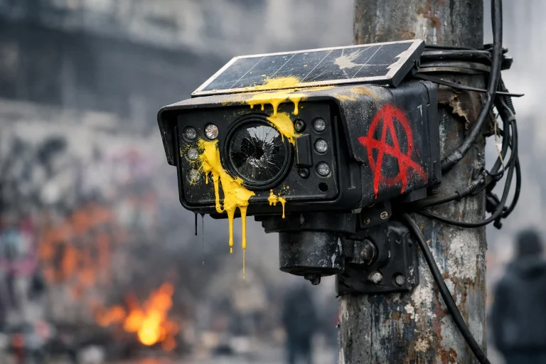 Cámara de vigilancia Flock Safety dañada en un entorno urbano