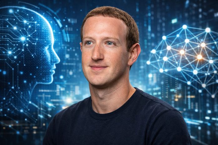 Mark Zuckerberg con fondo de elementos tecnológicos que simbolizan la inteligencia artificial