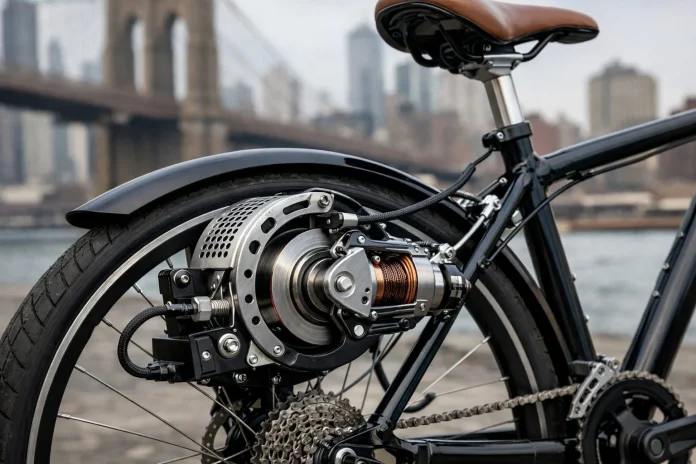 Dispositivo artístico de Justin Blinder instalado en una bicicleta que aumenta la resistencia al pedalear, simbolizando la inaccesibilidad de la vivienda en Brooklyn.