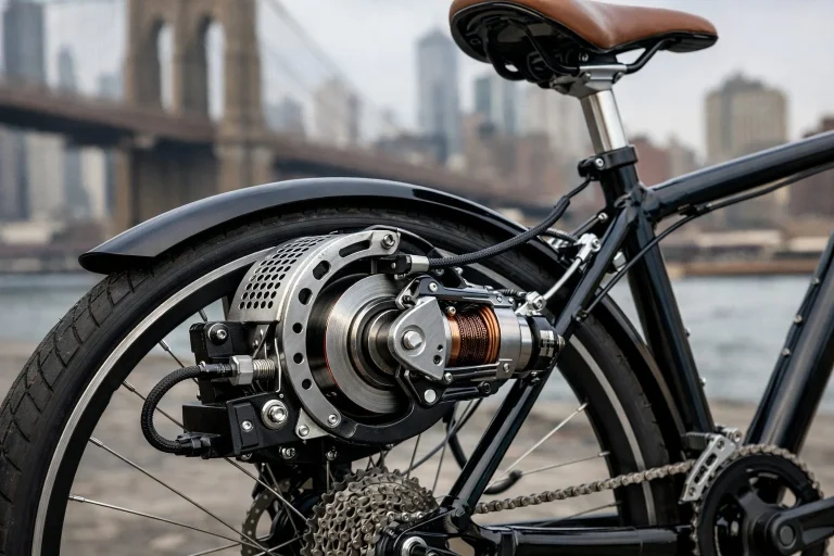 Dispositivo artístico de Justin Blinder instalado en una bicicleta que aumenta la resistencia al pedalear, simbolizando la inaccesibilidad de la vivienda en Brooklyn.
