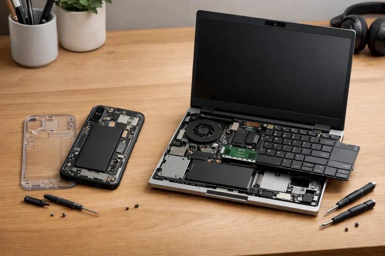Smartphone Fairphone 6 Plus y portátil Framework 12 Laptop mostrando su diseño reparable