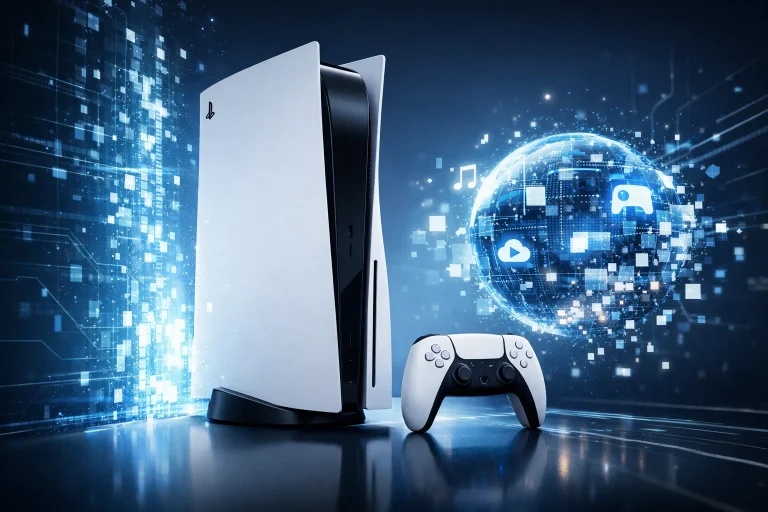Consola PlayStation sin formato físico mostrando gráficos digitales futuristas