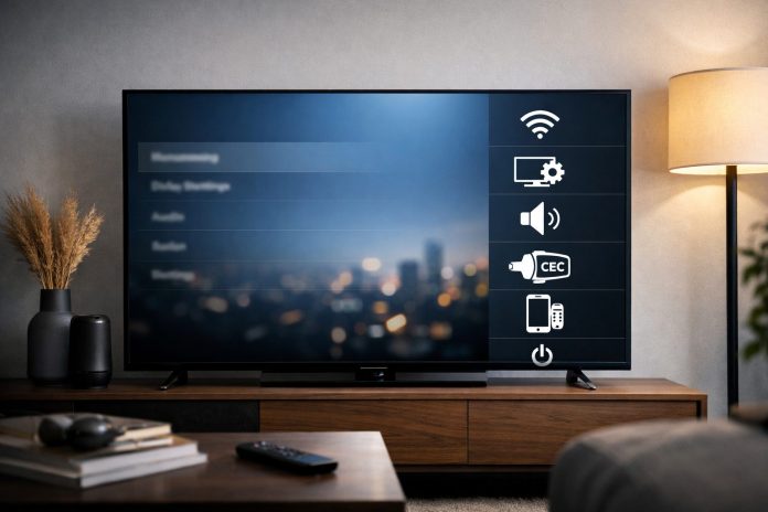 Televisor inteligente mostrando funciones Smart TV en pantalla