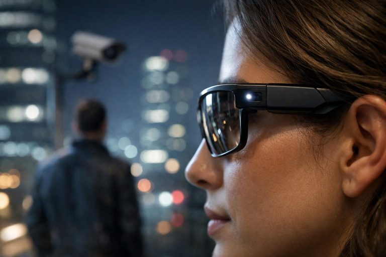 Gafas inteligentes con luz LED encendida indicando grabación