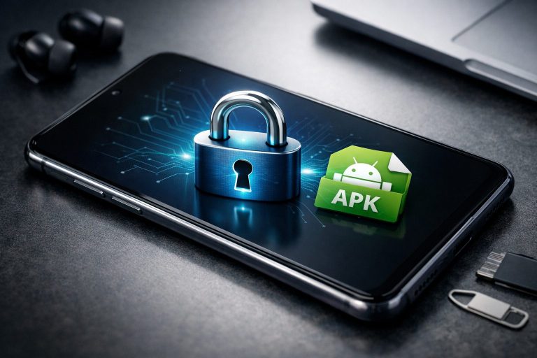Smartphone Android con icono de APK y candado digital