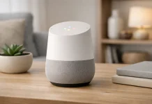 Google Home Speaker: diseño elegante y IA Gemini con limitaciones Google Home Speaker con diseño elegante y luz LED activa en un salón moderno