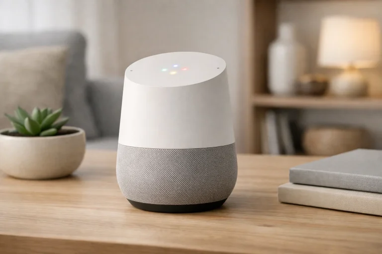 Google Home Speaker con diseño elegante y luz LED activa en un salón moderno
