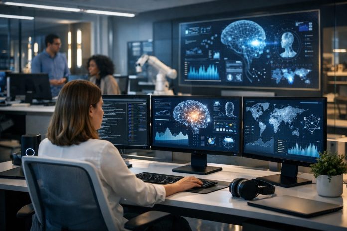 Oficina de Google con pantallas que muestran gráficos y códigos relacionados con inteligencia artificial
