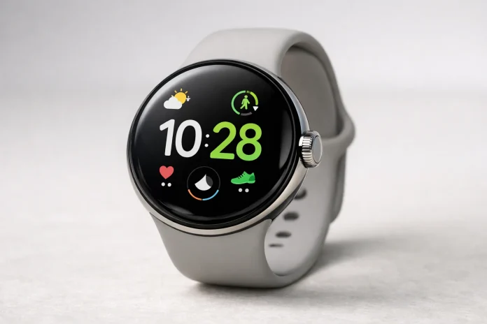 Google Pixel Watch 5 mostrando la pantalla encendida con interfaz de reloj inteligente