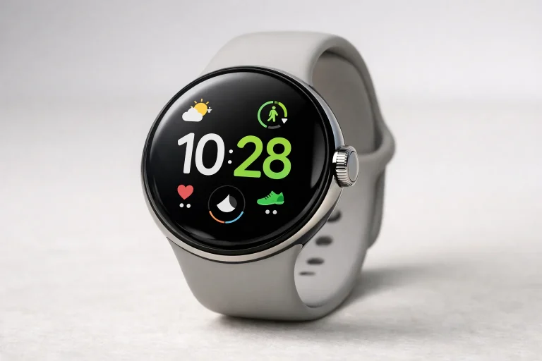 Google Pixel Watch 5 mostrando la pantalla encendida con interfaz de reloj inteligente