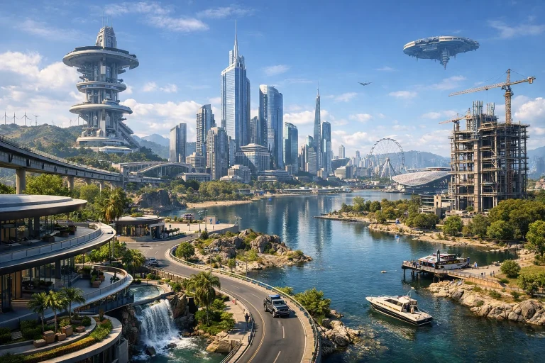 Paisaje urbano ficticio detallado representando un mundo abierto de videojuego moderno