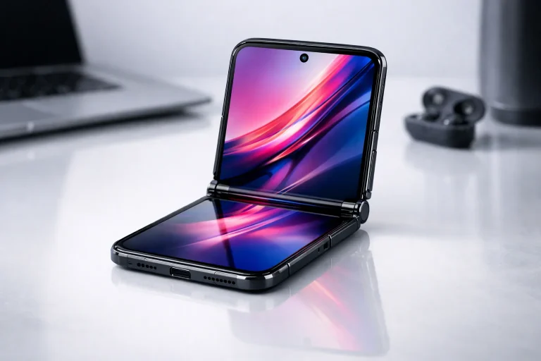 Móvil plegable Motorola Razr abierto mostrando su pantalla flexible y diseño moderno