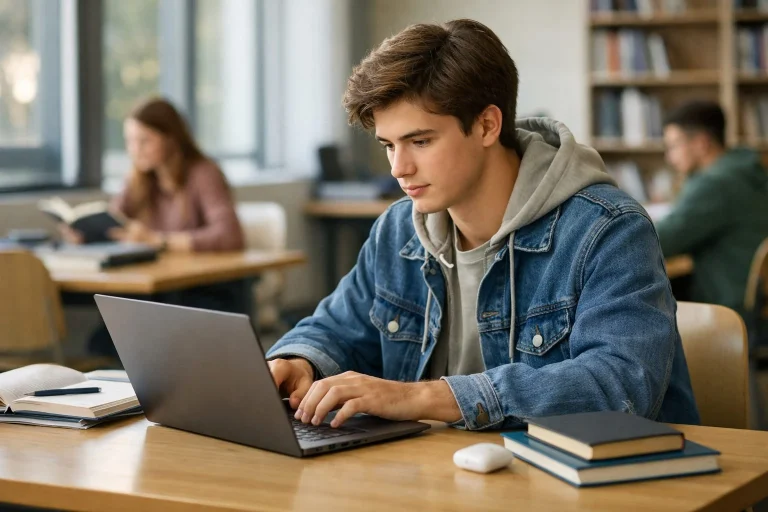 Estudiante utilizando un portátil moderno en un aula durante la vuelta al cole