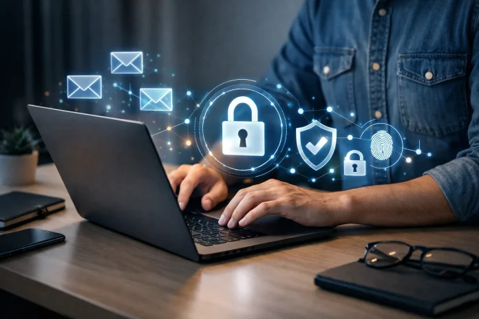 Persona utilizando un ordenador portátil con iconos digitales relacionados con correo electrónico y seguridad digital