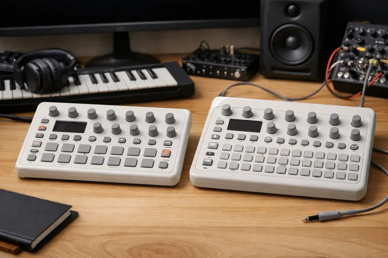 Instrumentos electrónicos Model:Samples y Model:Cycles de Elektron sobre una mesa de estudio musical.