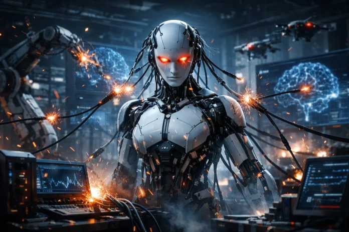 Representación abstracta de una inteligencia artificial rebelde con elementos digitales y tecnológicos
