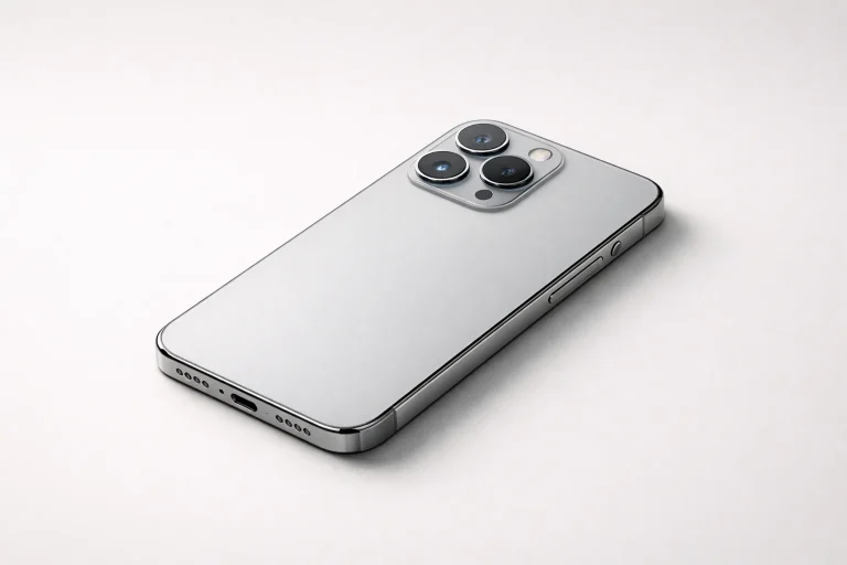 iPhone moderno sobre fondo neutro mostrando diseño elegante