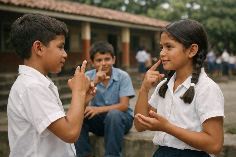 Niños sordos en Nicaragua usando lengua de señas nicaragüense en 1980