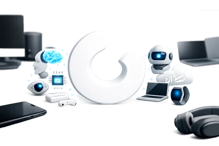 Logo de MacPaw con símbolos de inteligencia artificial y dispositivos
