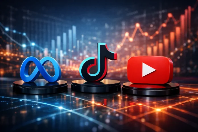 Logos de Meta, TikTok y YouTube representando el mercado digital y la competencia en redes sociales