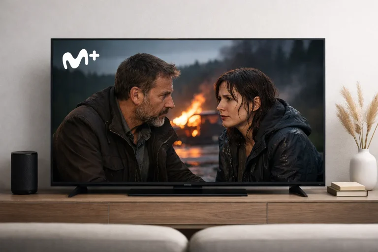 Pantalla de televisión mostrando el logo de Movistar Plus y una escena de una serie dramática.