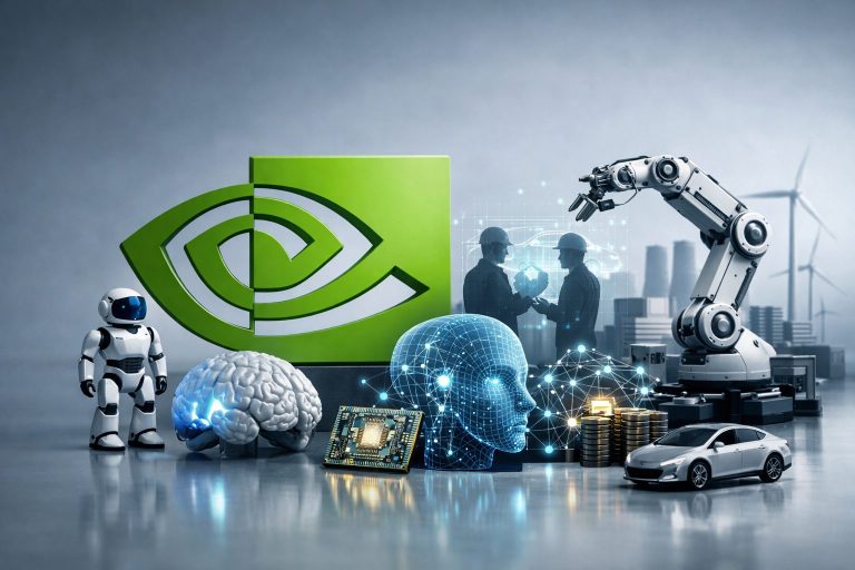 Logotipo de Nvidia con símbolos de inteligencia artificial y colaboración