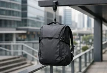 Peak Design City mochilas: innovación urbana con ganchos BagLev Mochila Peak Design City colgada con gancho BagLev en un entorno urbano