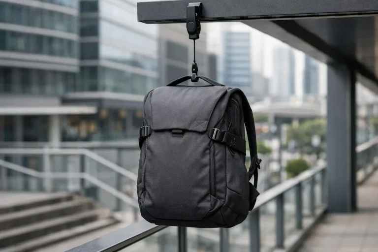 Mochila Peak Design City colgada con gancho BagLev en un entorno urbano