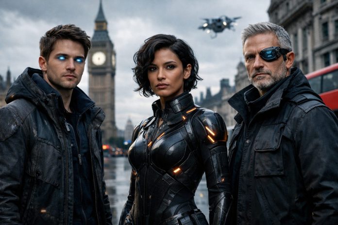 Escena de la película generada por IA Higgsfield con los protagonistas digitales en Londres