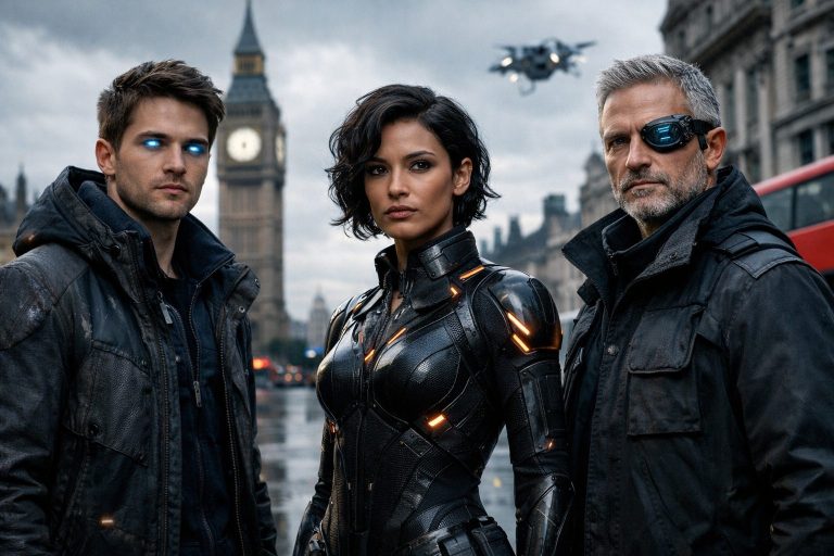 Escena de la película generada por IA Higgsfield con los protagonistas digitales en Londres