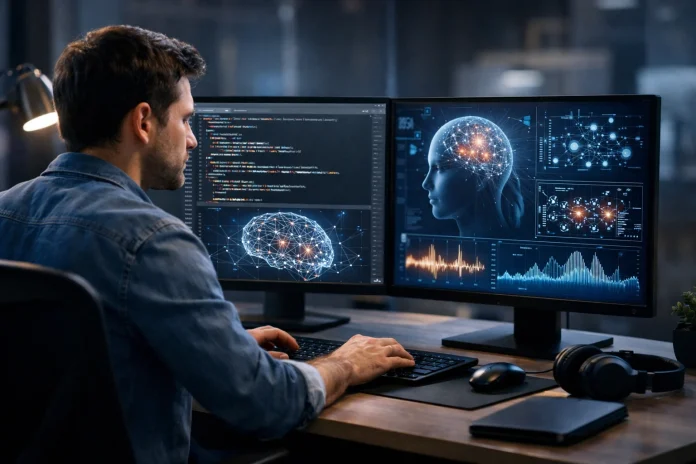 Programador español trabajando en ordenador con gráficos de inteligencia artificial en pantalla